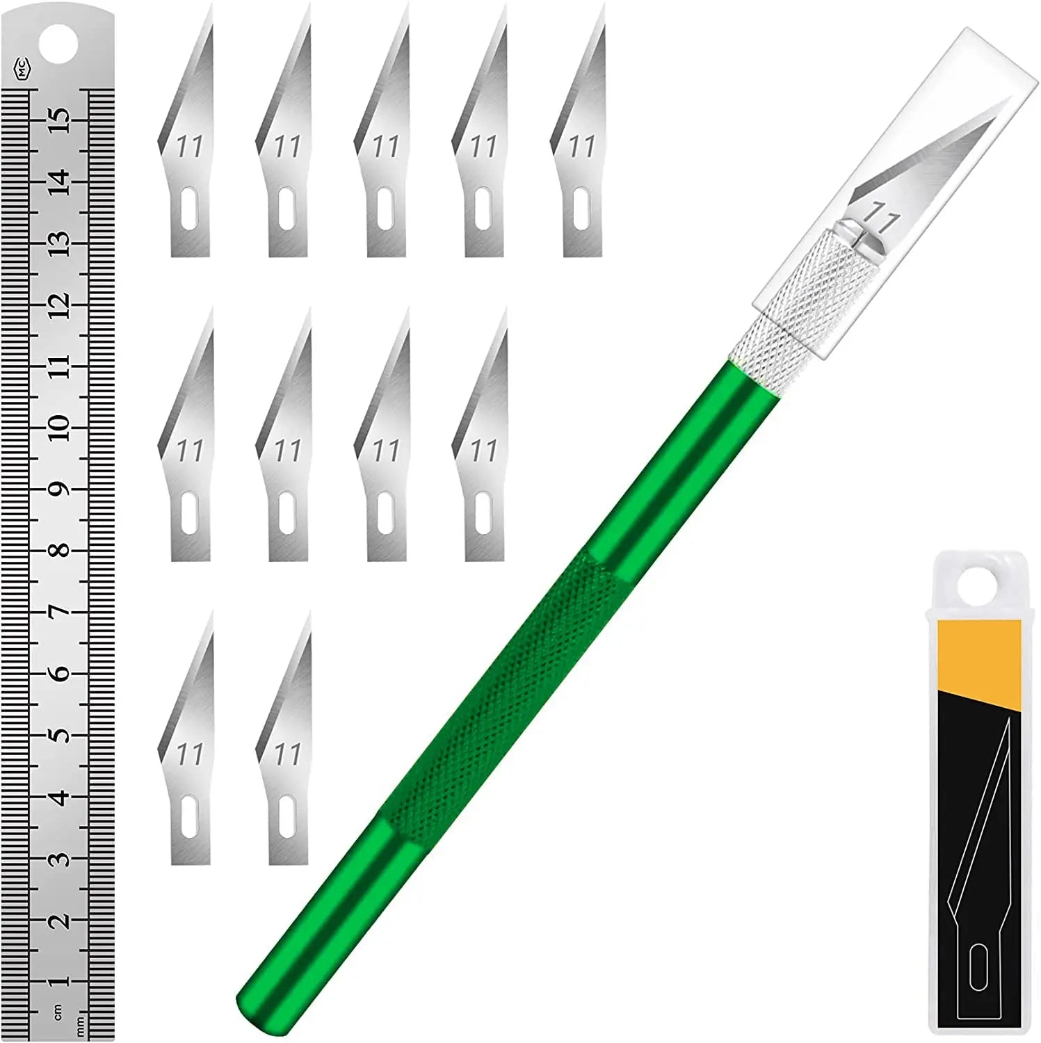 10 PCS Extra #11 Blades Precision Hobby Knife Set with Steel Ruler Green DIYSELF