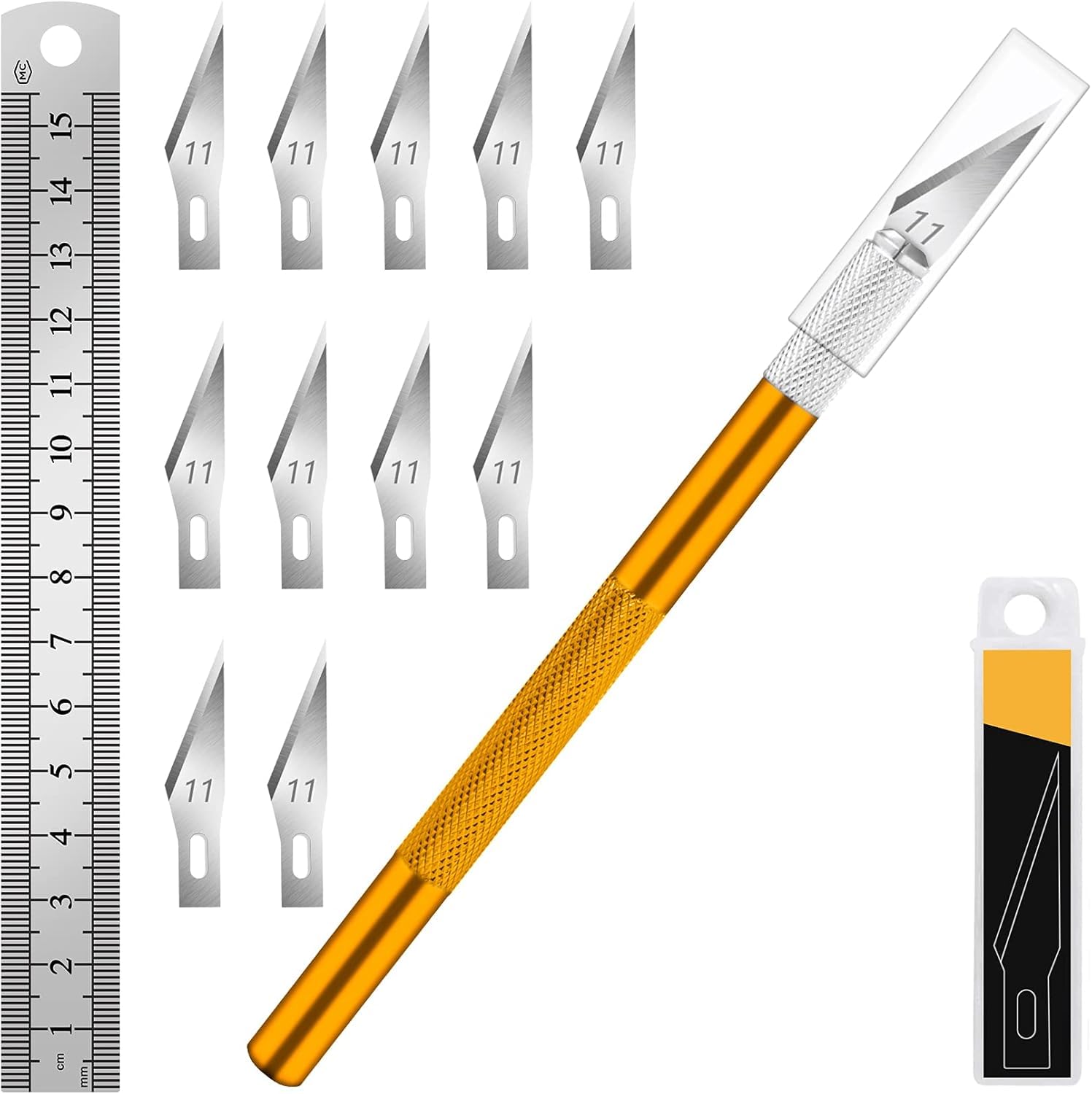Gold Exacto Knife Set Hobby Kit 20PCS #11 Blades Precision Aluminum Handle 6 Inch Steel Ruler DIYSELF