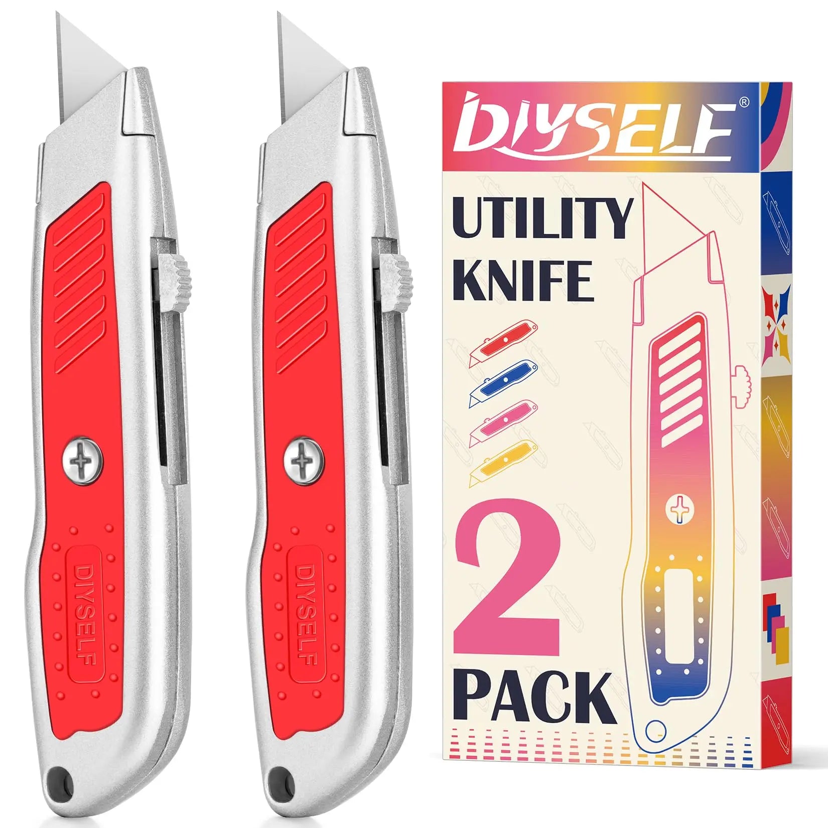2 PCS Red Retractable Box Cutters with SK5 Blades – Portable Utility Knife DIYSELF