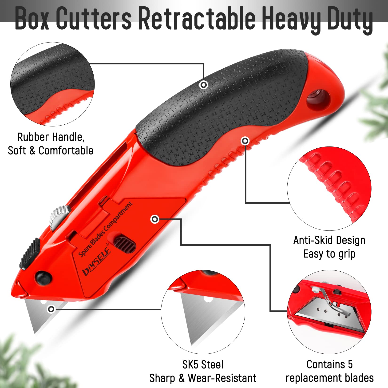 1 PCS Red Heavy Duty Utility Knife with 4 Sharp Blades & Handle Storage Space DIYSELF
