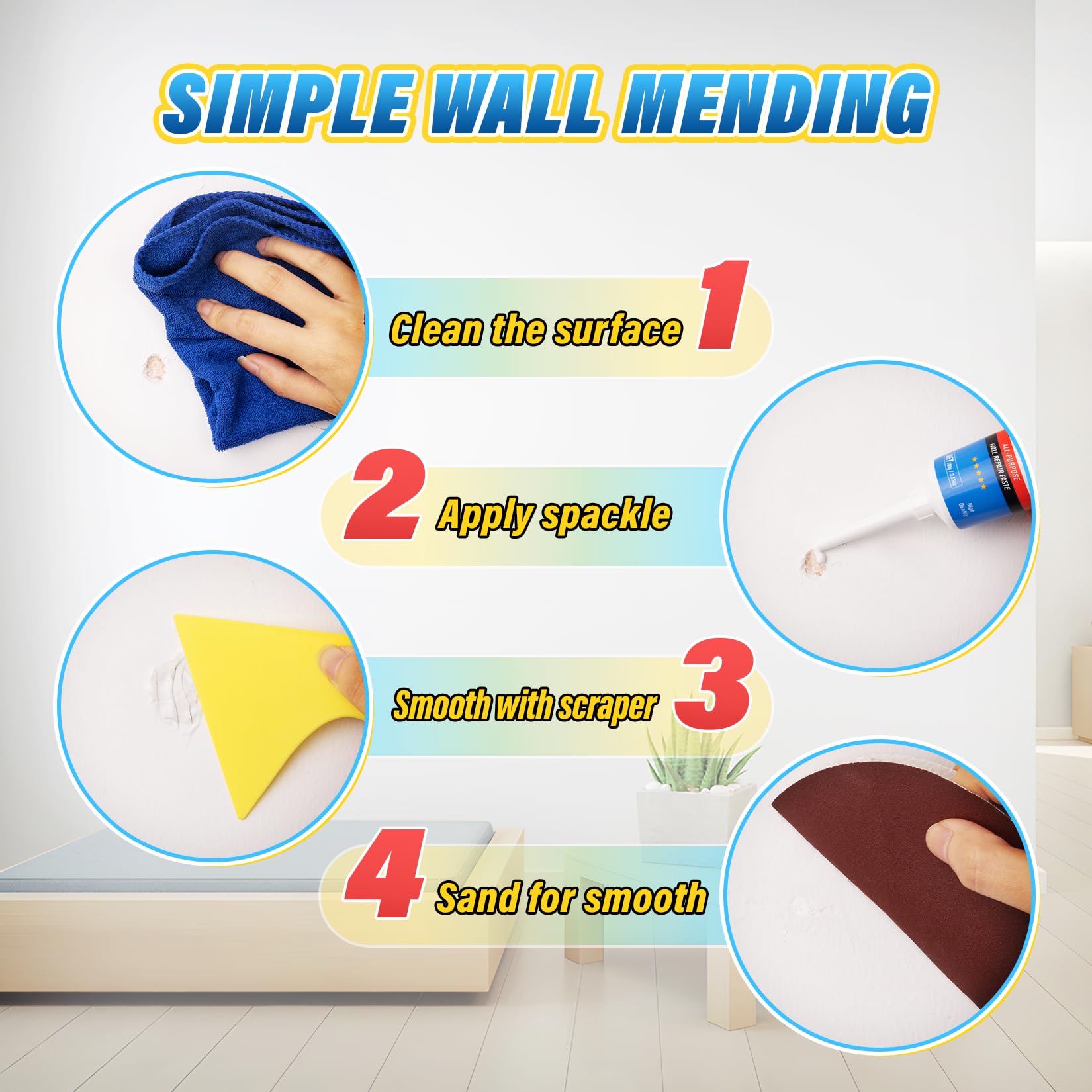 9 PCS Drywall Repair Kit White Spackle Putty with Scraper Sander Fast Drying Hole Filler 7oz DIYSELF