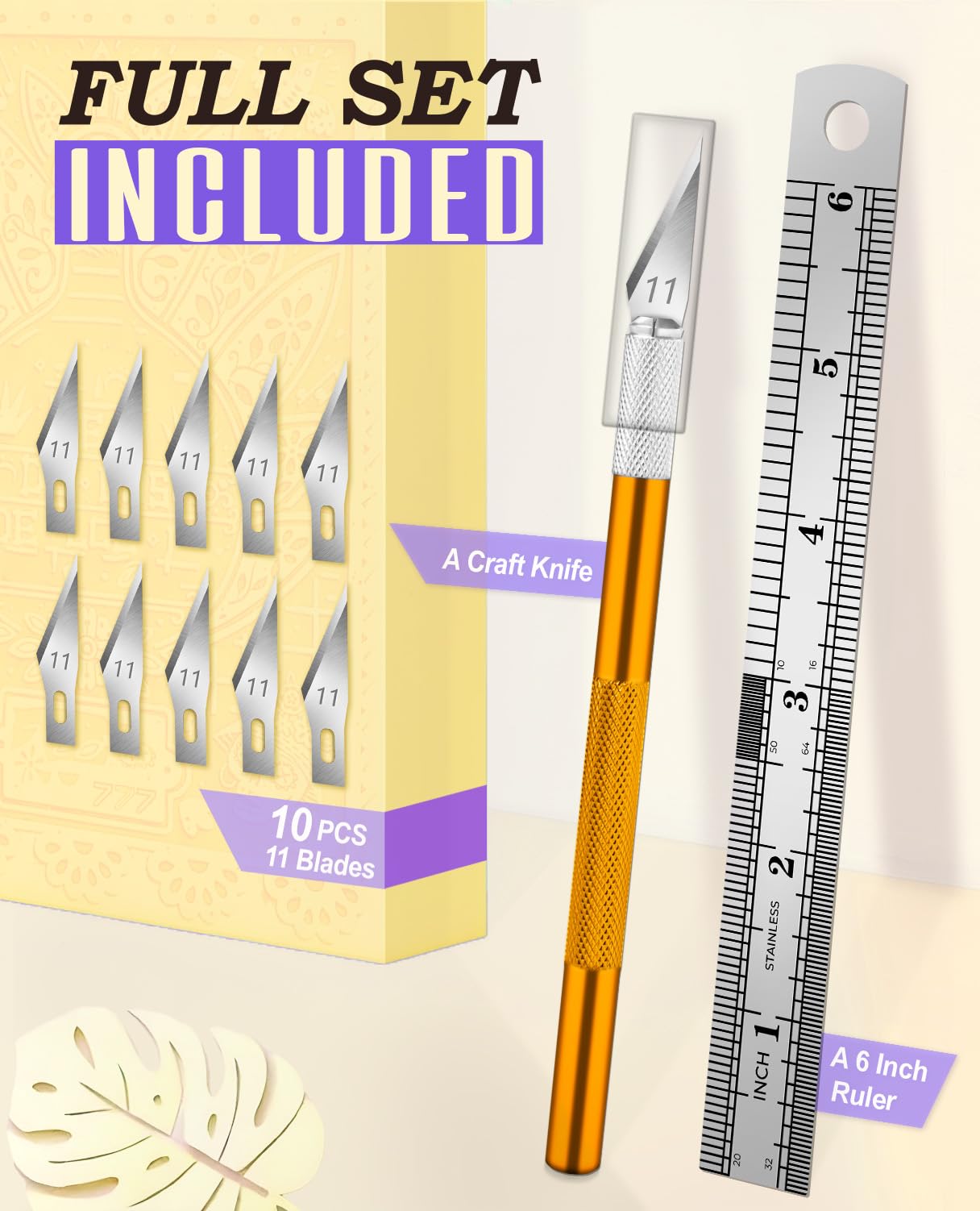 Gold Exacto Knife Set Hobby Kit 20PCS #11 Blades Precision Aluminum Handle 6 Inch Steel Ruler DIYSELF