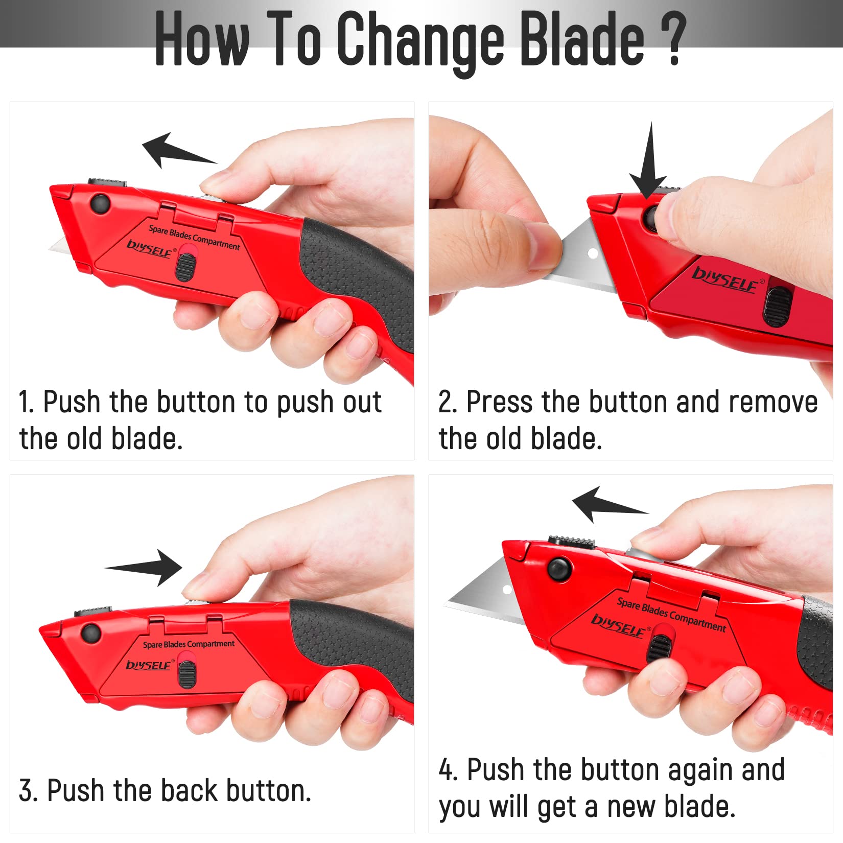 1 PCS Red Heavy Duty Utility Knife with 4 Sharp Blades & Handle Storage Space DIYSELF