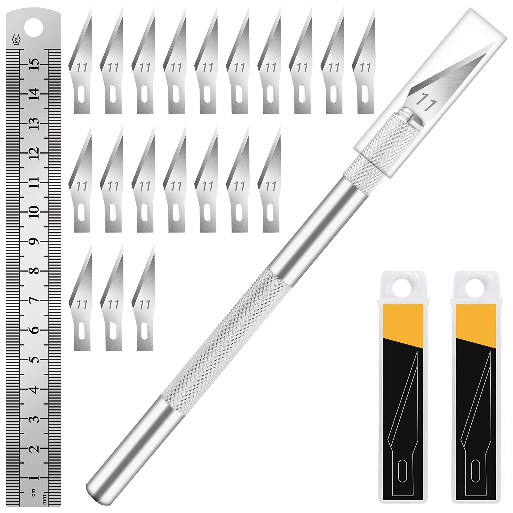 Bulk Silver Exacto Knife Set Hobby Knife Kit 20PCS #11 Blades Precision Aluminum Handle with 6 Inch Steel Ruler