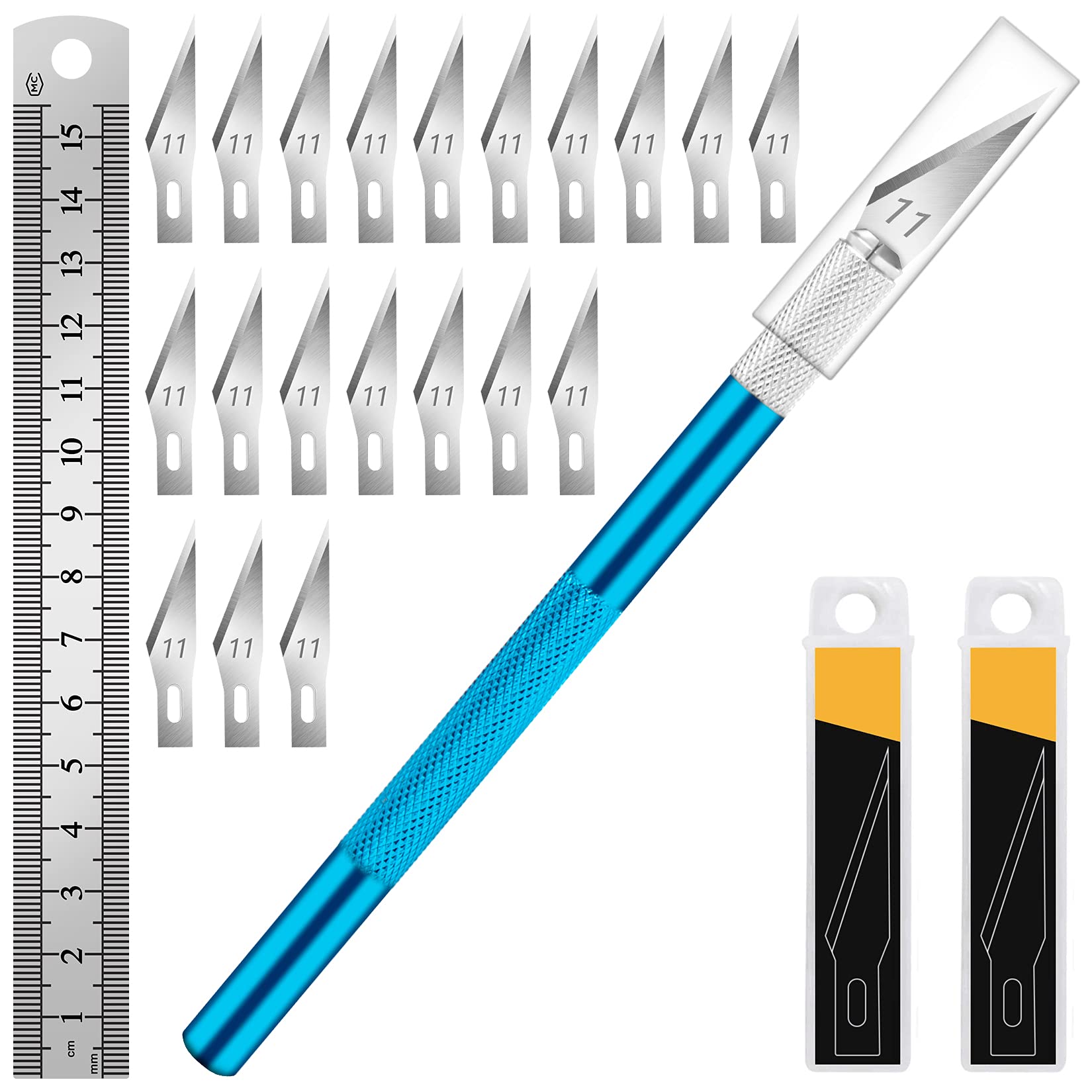 Blue Exacto Knife Set Hobby Kit 20PCS #11 Blades Precision Aluminum Handle 6 Inch Steel Ruler DIYSELF
