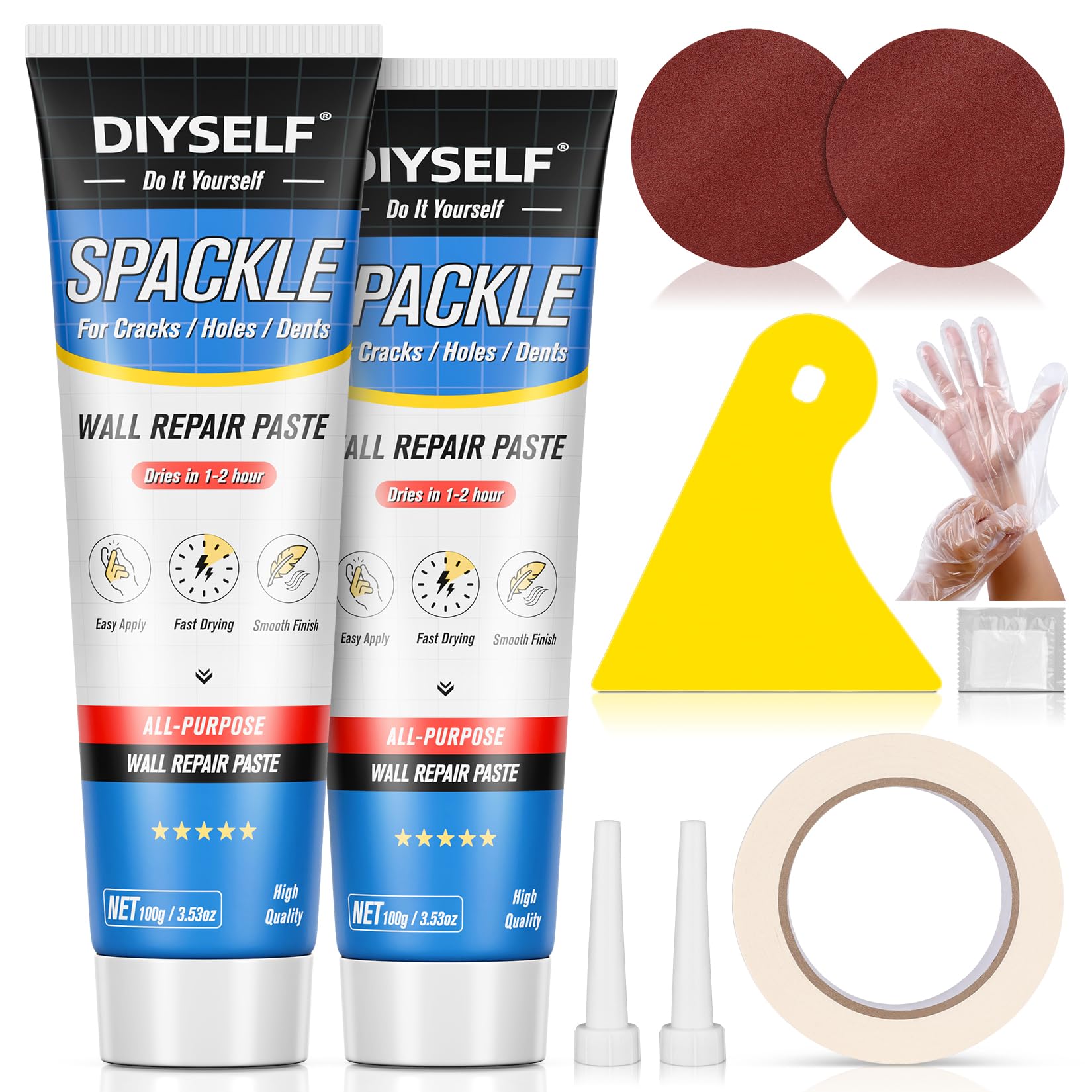 9 PCS Drywall Repair Kit White Spackle Putty with Scraper Sander Fast Drying Hole Filler 7oz DIYSELF