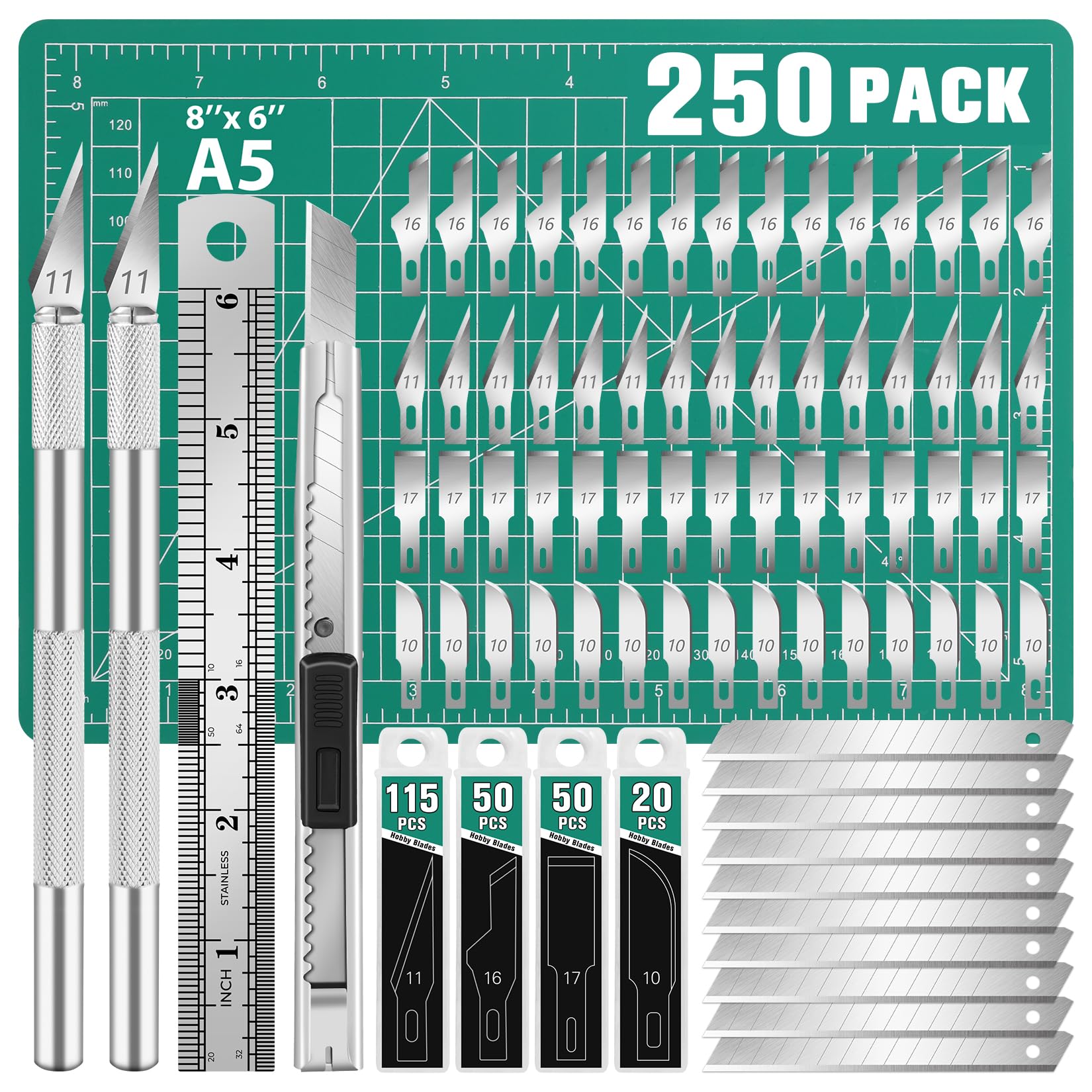 250 PCS Silver Exacto Knife Precision Craft Hobby Knife Set with 4 Blade Types #11 #10 #16 #17 DIYSELF