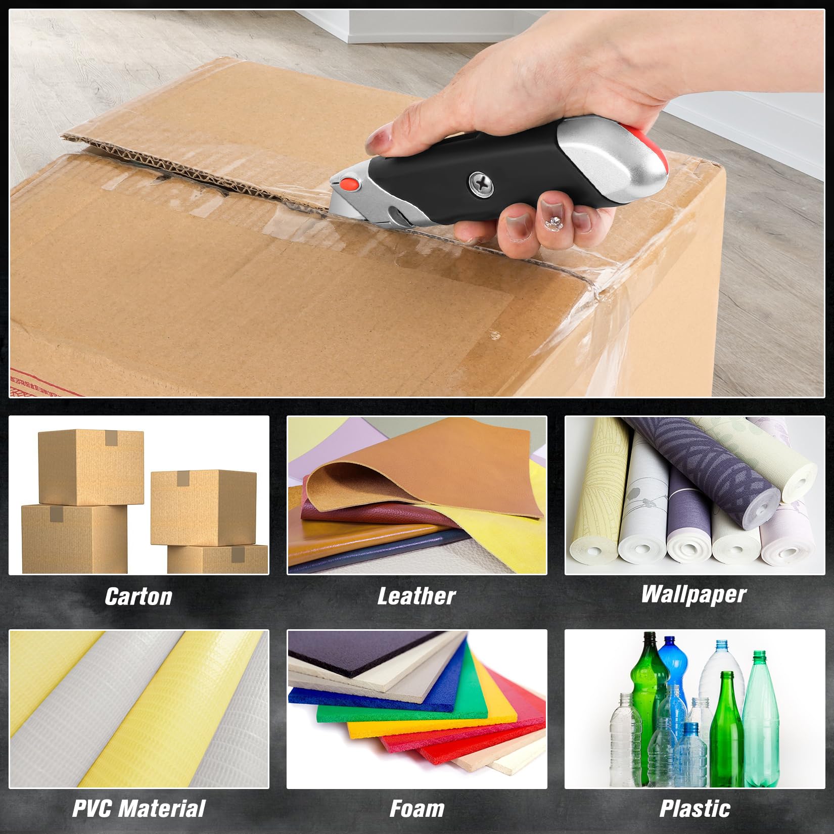 10 PCS Black-A Box Cutter Heavy Duty Retractable Utility Knife with Rubber Handle DIYSELF