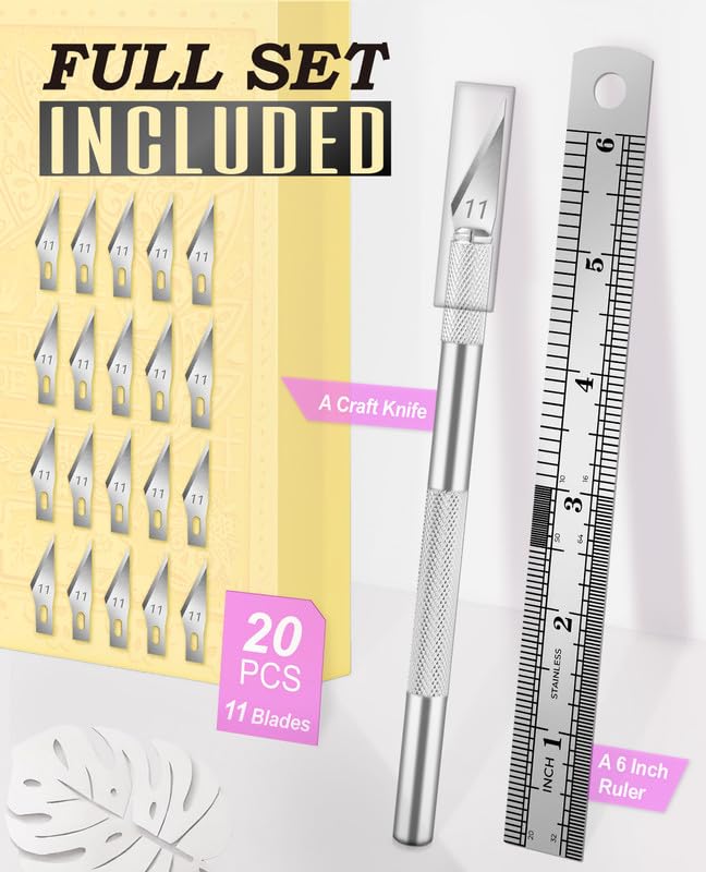 Silver Exacto Knife Set Hobby Knife Kit 20PCS #11 Blades Precision Aluminum Handle with 6 Inch Steel Ruler DIYSELF