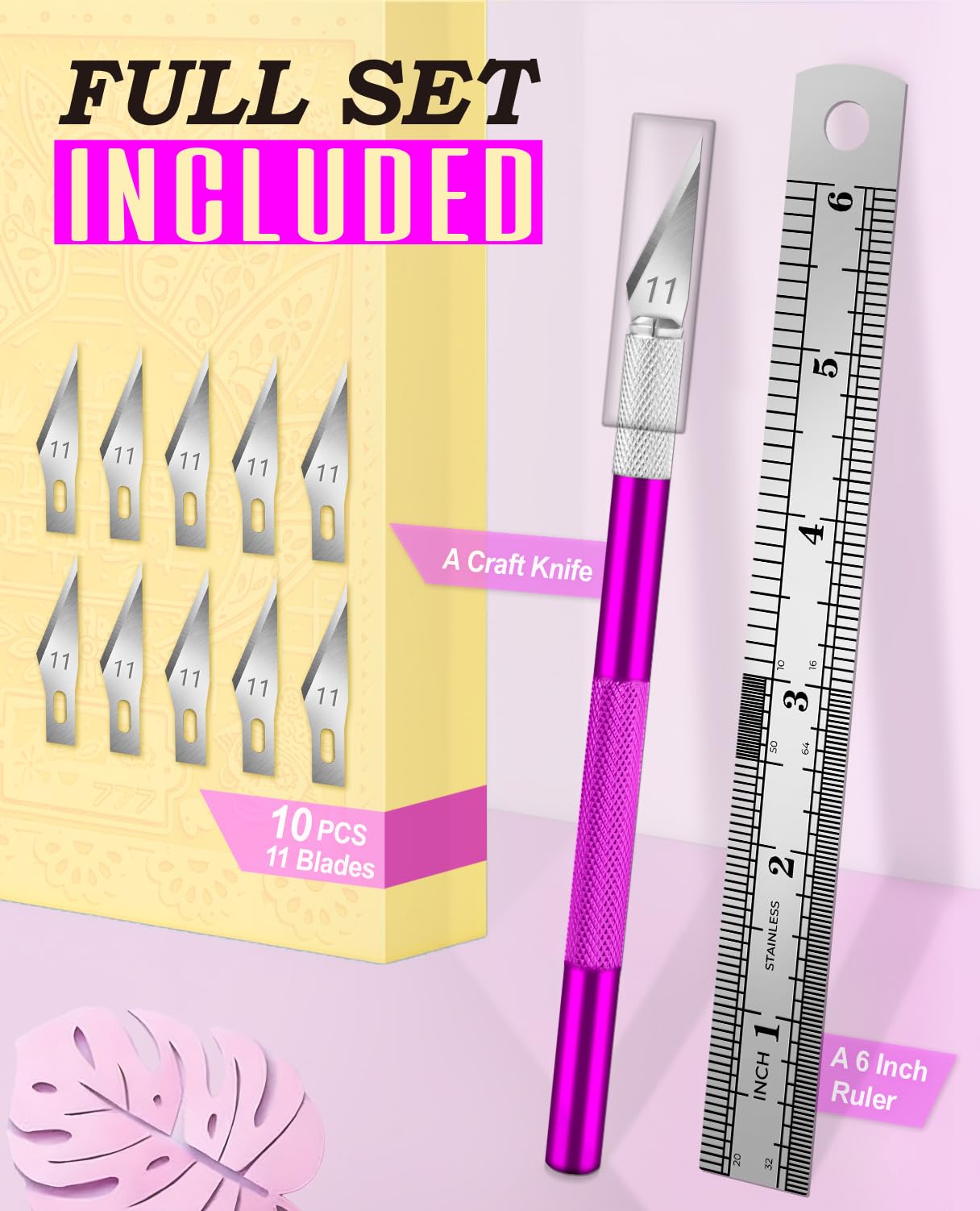 Purple Exacto Knife Set Hobby Kit 20PCS #11 Blades Precision Aluminum Handle 6 Inch Steel Ruler DIYSELF