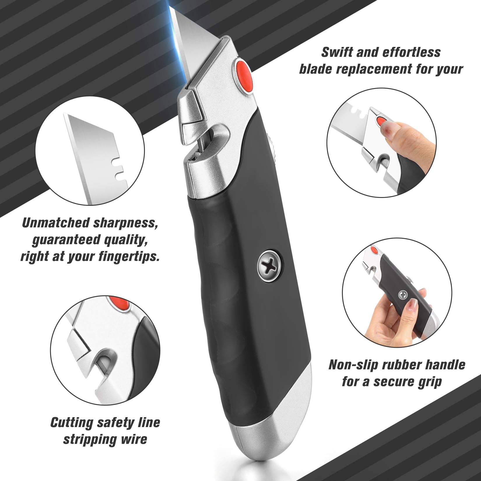 10 PCS Black-A Box Cutter Heavy Duty Retractable Utility Knife with Rubber Handle DIYSELF