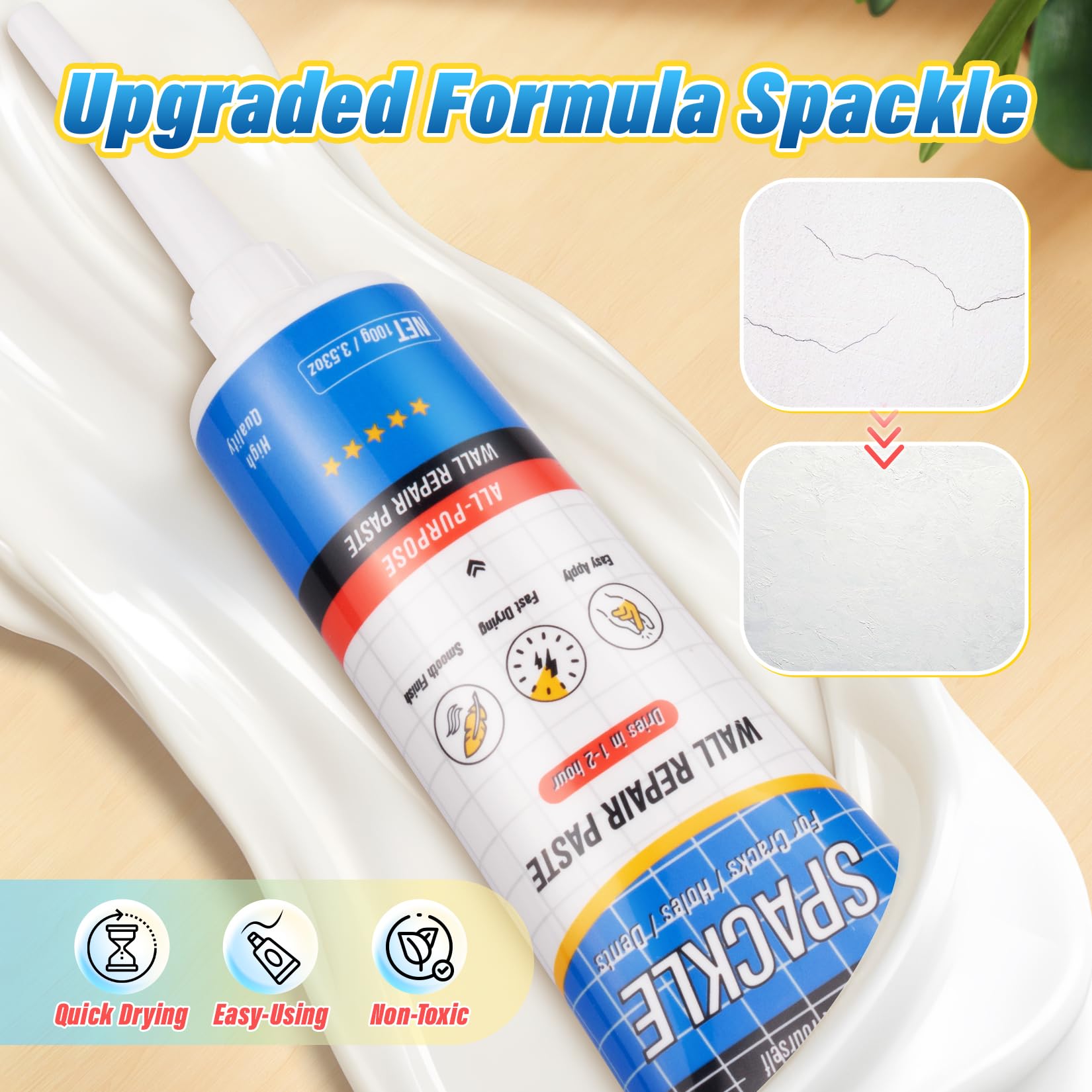 9 PCS Drywall Repair Kit White Spackle Putty with Scraper Sander Fast Drying Hole Filler 7oz