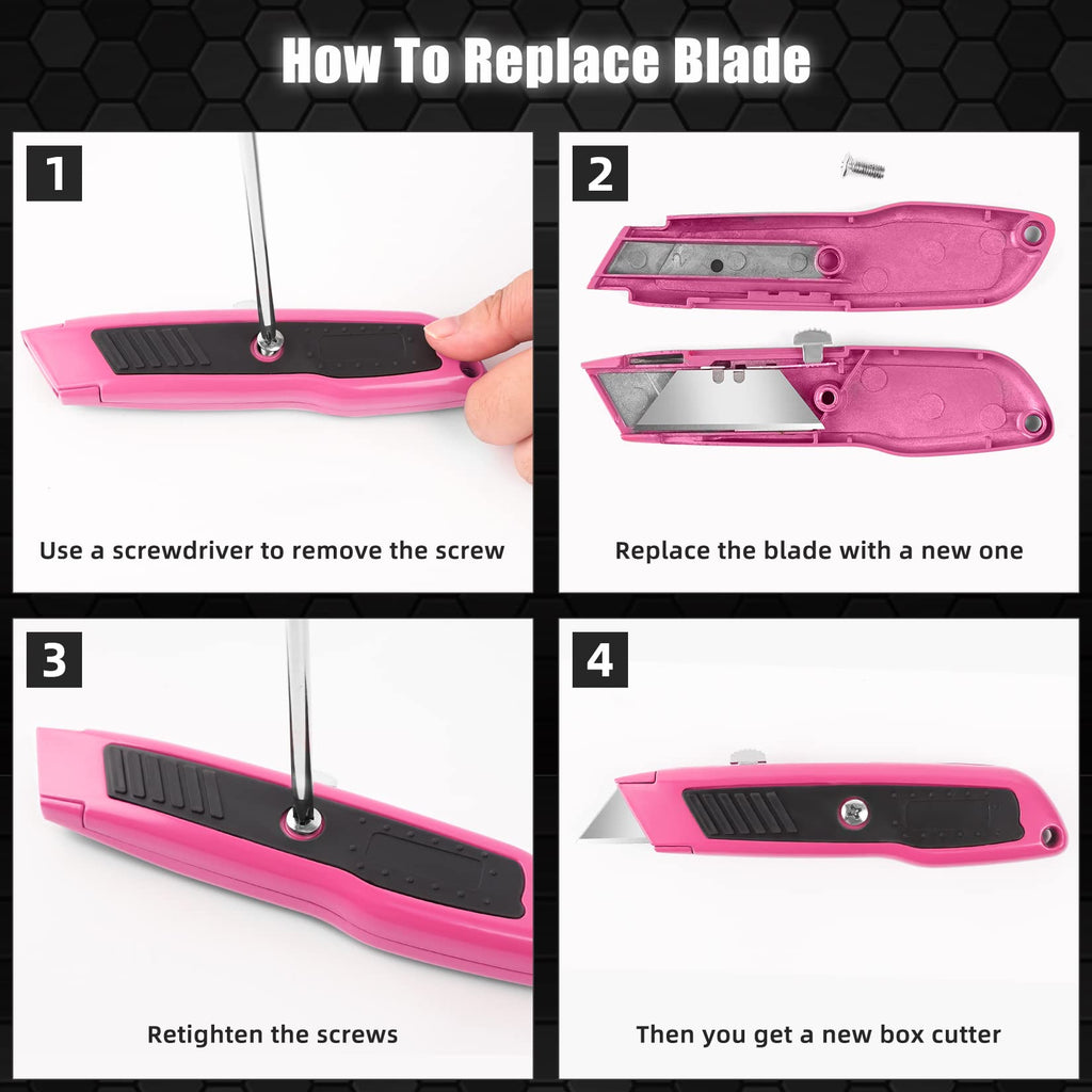 Bulk 20 Pack Box Cutter Retractable Heavy Duty Utility Knife Pink