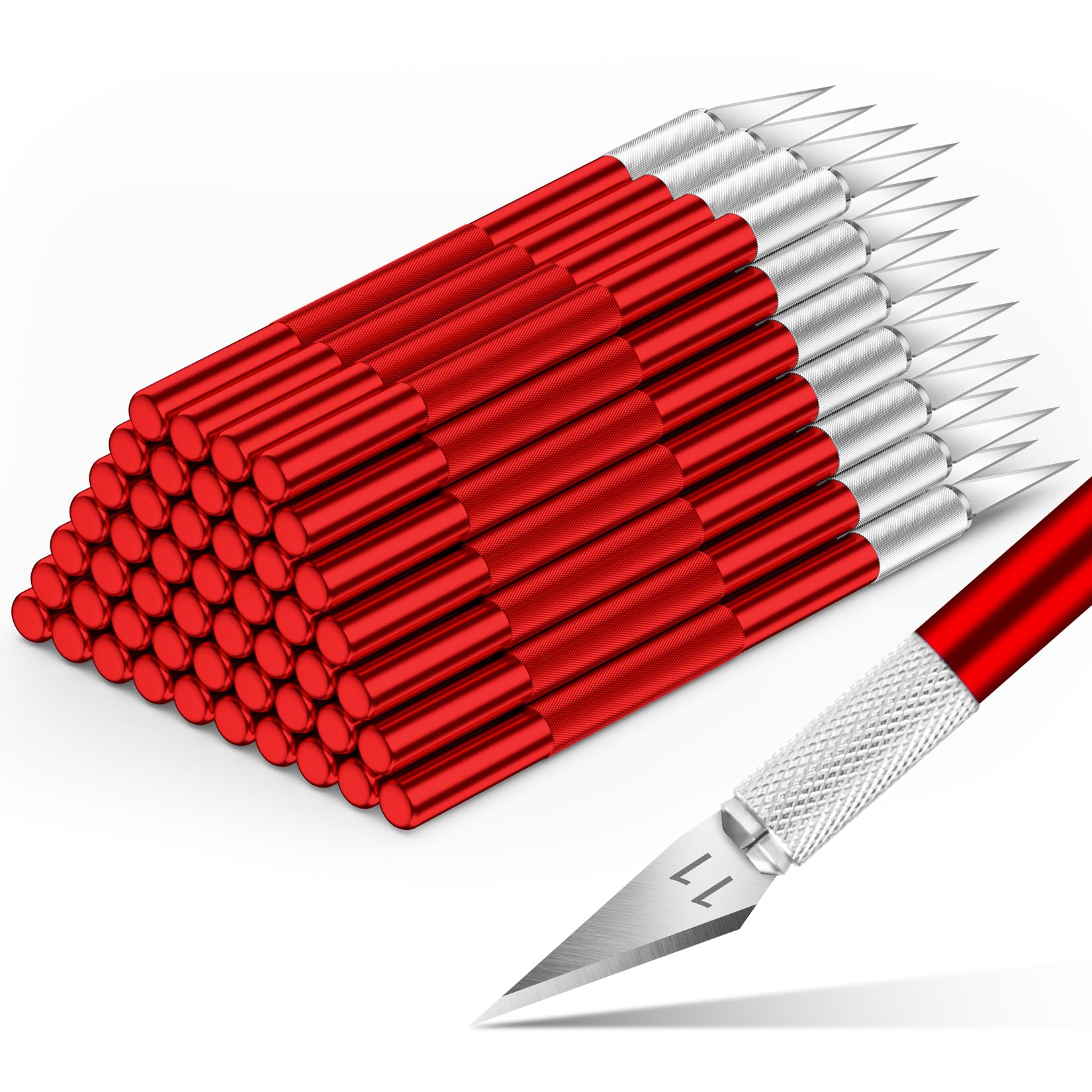 DIYSELF 50-Piece Exacto Knife, Aluminum Alloy Handle, Precision Craft Hobby Knife Set for Student, Artist, Carbon Steel Blade, Set for Crafting, Leather, Wallpaper, Collage (Red)