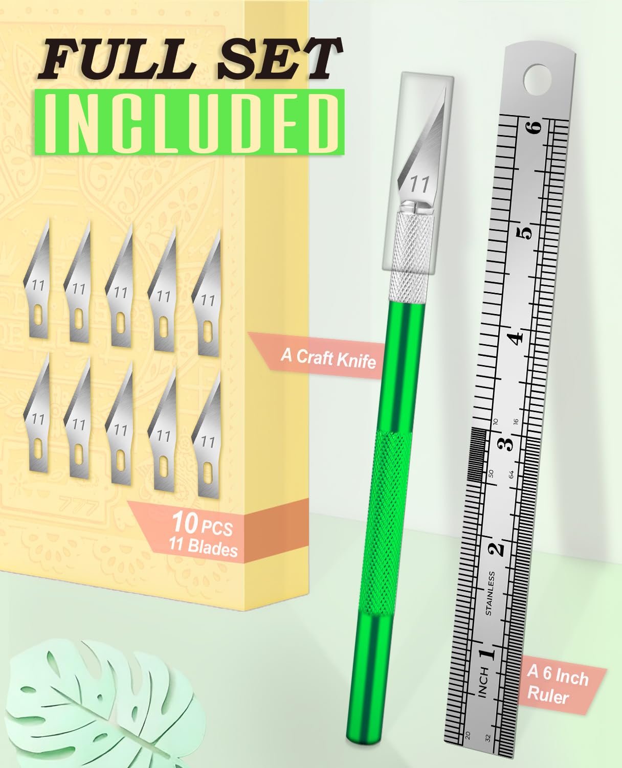 Bulk 100 Extra #11 Blades Precision Hobby Knife Set with Steel Ruler Green