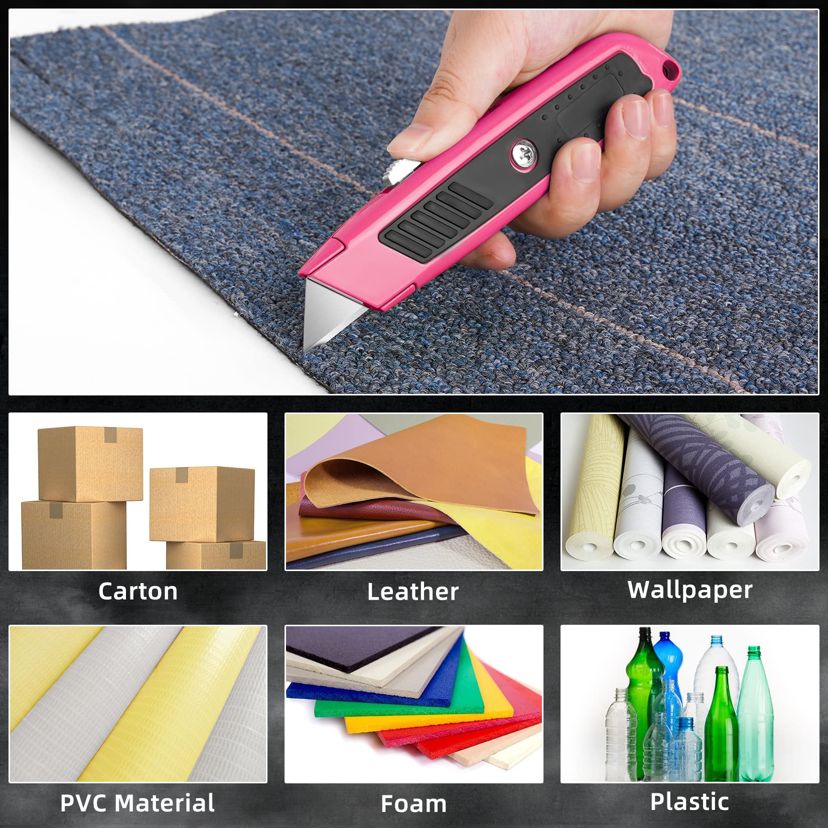 2 PCS Box Cutter Retractable Heavy Duty Utility Knife Pink DIYSELF